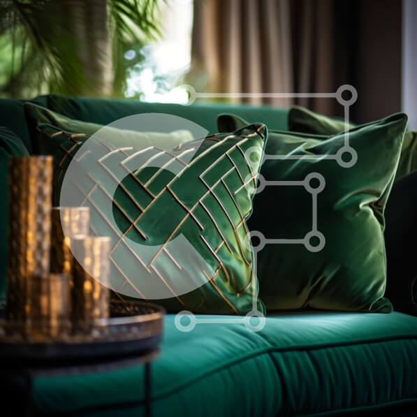 Intra Συλλεκτικό Ξύλινο Παζλ Plywood  4mm - Κομψός πράσινος καναπές με χρυσές πινελιές και διακοσμητικά μαξιλάρια Σε Ξύλινο Κουτί - Διαστάσεις Puzzle: 10x10 cm – 25 κομμάτια