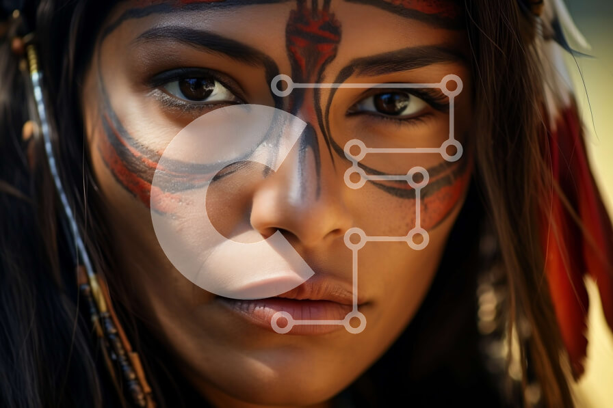 Intra Συλλεκτικό Ξύλινο Παζλ Plywood  4mm - Σοβαρό πορτρέτο μιας γυναίκας με ζωγραφισμένο πρόσωπο και φτερό κόμμωση Σε Ξύλινο Κουτί - Διαστάσεις Puzzle: 10x10 cm – 25 κομμάτια