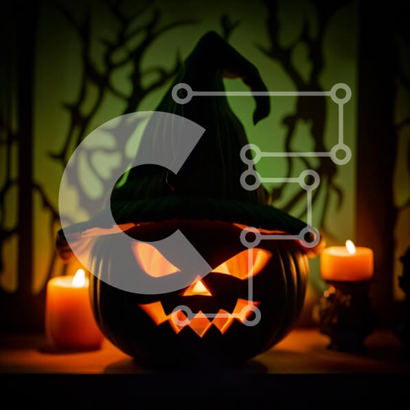 Intra Συλλεκτικό Ξύλινο Παζλ Plywood  4mm - Απόκοσμη και εορταστική αποκριάτικη διακόσμηση - Jack-o-Lantern με πράσινο καπέλο Σε Ξύλινο Κουτί - Διαστάσεις: 10x10 cm – 25 κομμάτια