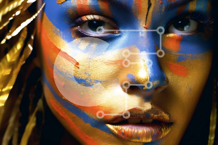 Intra Συλλεκτικό Ξύλινο Παζλ Plywood  4mm - Εκπληκτική γυναίκα με μπλε και χρυσό χρώμα στο πρόσωπο και το λαιμό της Σε Ξύλινο Κουτί - Διαστάσεις Puzzle: 10x10 cm – 25 κομμάτια