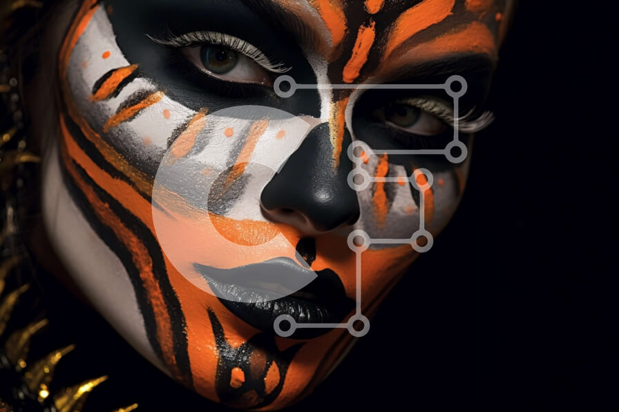 Intra Συλλεκτικό Ξύλινο Παζλ Plywood  4mm - Όμορφη γυναίκα με πορτοκαλί και μαύρο χρώμα προσώπου και στολή Σε Ξύλινο Κουτί - Διαστάσεις Puzzle: 10x10 cm – 25 κομμάτια