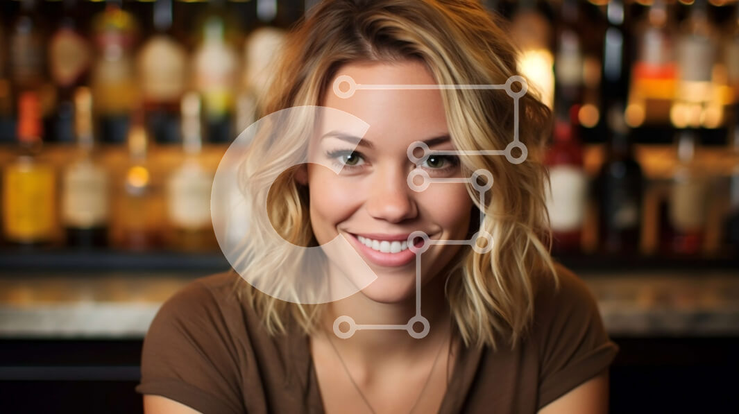 Intra Συλλεκτικό Ξύλινο Παζλ Plywood  4mm - Νεαρή γυναίκα που χαμογελά στην κάμερα ενώ κάθεται στο μπαρ με μπουκάλια αλκοόλ Σε Ξύλινο Κουτί - Διαστάσεις Puzzle: 10x10 cm – 25 κομμάτια