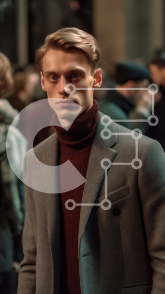 Intra Συλλεκτικό Ξύλινο Παζλ Plywood  4mm - Άνδρας με γκρι παλτό και κόκκινο ζιβάγκο κοιτάζει τηλέφωνο σε πολυσύχναστο δρόμο της πόλης Σε Ξύλινο Κουτί - Διαστάσεις Puzzle: 10x10 cm – 25 κομμάτια