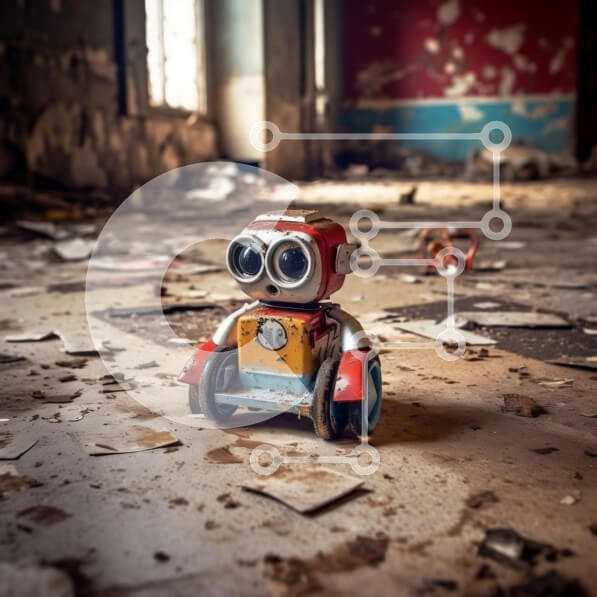 Intra Συλλεκτικό Ξύλινο Παζλ Plywood  4mm - Σκουριασμένο ρομπότ σε εγκαταλελειμμένο δωμάτιο Σε Ξύλινο Κουτί - Διαστάσεις Puzzle: 10x10 cm – 25 κομμάτια