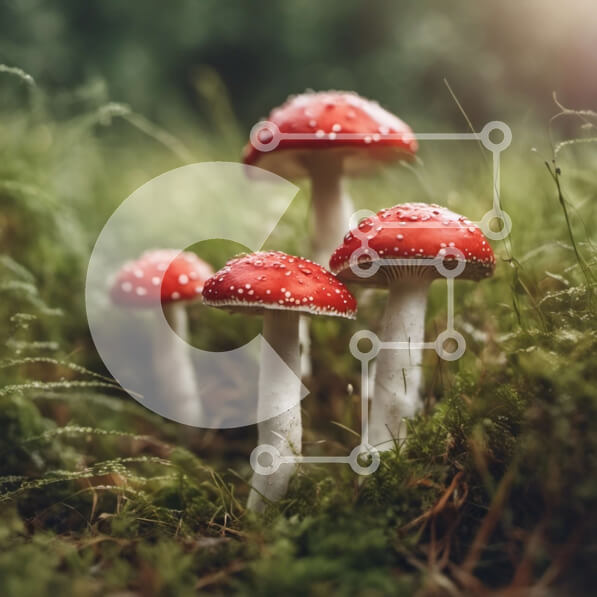 Intra Συλλεκτικό Ξύλινο Παζλ Plywood  4mm - Πανέμορφα κόκκινα μανιτάρια με σταγονίδια δροσιάς στο ποώδη δάσος Σε Ξύλινο Κουτί - Διαστάσεις: 10x10 cm – 25 κομμάτια