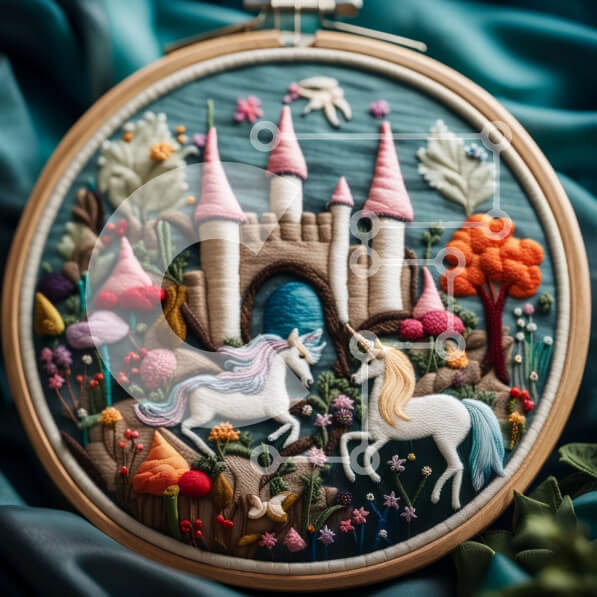 Intra Συλλεκτικό Ξύλινο Παζλ Plywood  4mm - Όμορφη κεντημένη εικόνα ενός μονόκερου σε ένα δάσος με φόντο το κάστρο Σε Ξύλινο Κουτί - Διαστάσεις Puzzle: 10x10 cm – 25 κομμάτια