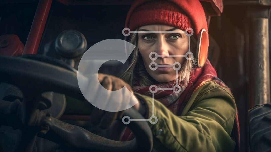 Intra Συλλεκτικό Ξύλινο Παζλ Plywood  4mm - Γυναίκα με κόκκινη κουκούλα και κασκόλ που οδηγεί τρακτέρ σε χωράφι Σε Ξύλινο Κουτί - Διαστάσεις Puzzle: 10x10 cm – 25 κομμάτια