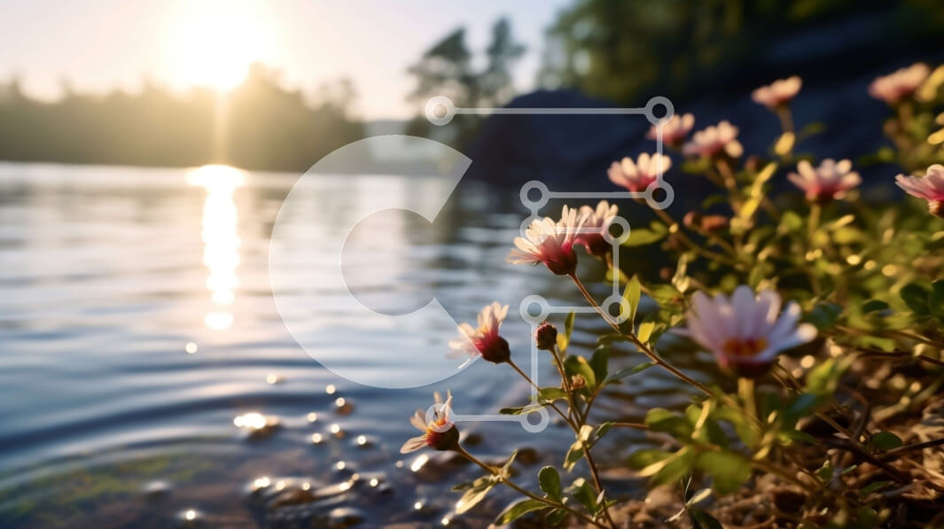 Intra Συλλεκτικό Ξύλινο Παζλ Plywood  4mm - Εκπληκτικό ηλιοβασίλεμα πάνω από μια λίμνη με ροζ λουλούδια στο προσκήνιο Σε Ξύλινο Κουτί - Διαστάσεις Puzzle: 10x10 cm – 25 κομμάτια