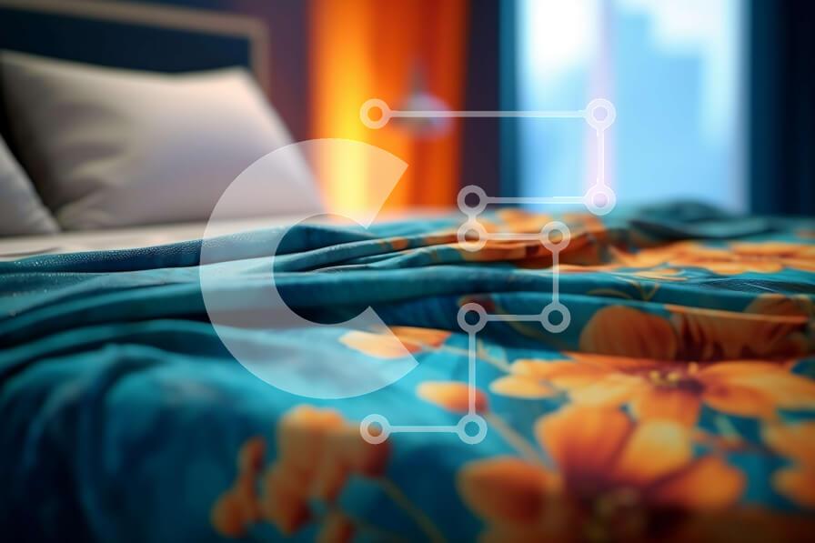 Intra Συλλεκτικό Ξύλινο Παζλ Plywood  4mm - Κοντινό πλάνο ενός πολύχρωμου κρεβατιού με μαξιλάρια σε ένα δωμάτιο με χαμηλό φωτισμό Σε Ξύλινο Κουτί - Διαστάσεις Puzzle: 10x10 cm – 25 κομμάτια