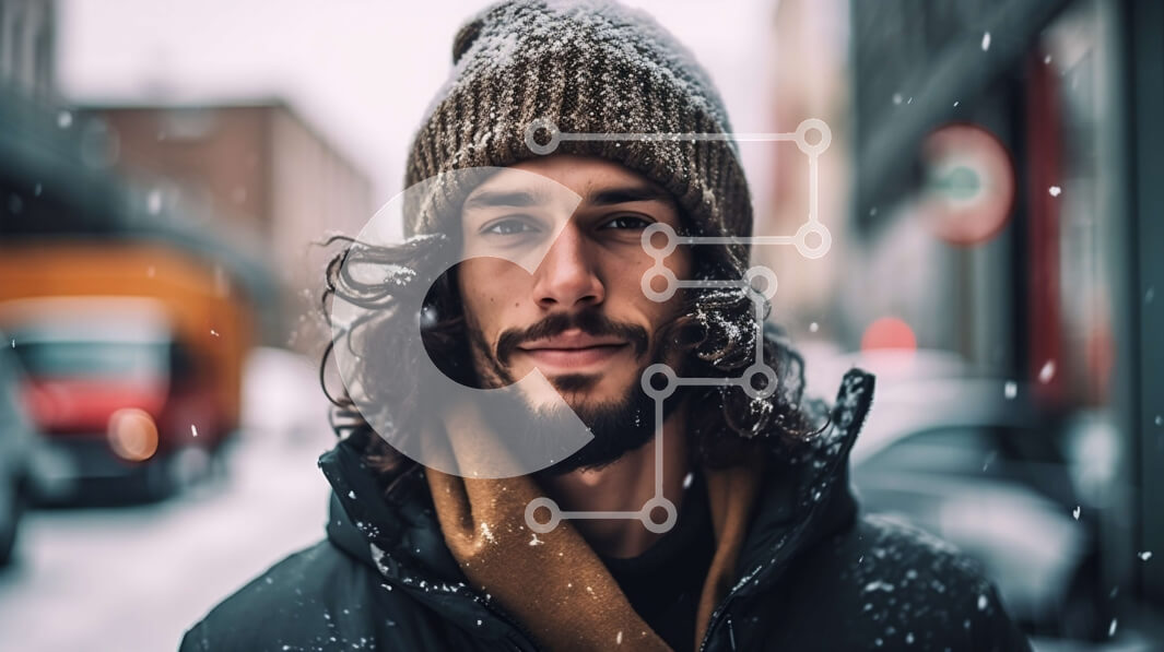 Intra Συλλεκτικό Ξύλινο Παζλ Plywood  4mm - Σοβαρός άντρας με πλεκτό καπέλο και μαύρο σακάκι στη Snowy Street Σε Ξύλινο Κουτί - Διαστάσεις Puzzle: 10x10 cm – 25 κομμάτια