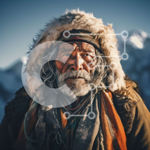 Intra Συλλεκτικό Ξύλινο Παζλ Plywood  4mm - Σοβαρός ηλικιωμένος με λευκή γενειάδα και σακάκι με γούνα που στέκεται μπροστά στα βουνά Σε Ξύλινο Κουτί - Διαστάσεις Puzzle: 10x10 cm – 25 κομμάτια