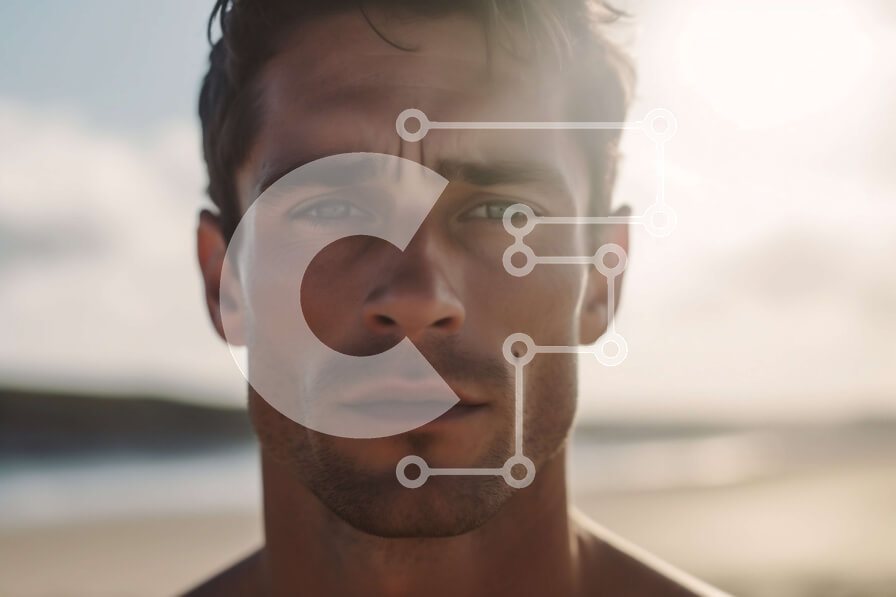 Intra Συλλεκτικό Ξύλινο Παζλ Plywood  4mm - Σοβαρός και μυώδης άνδρας χωρίς πουκάμισο στην παραλία Σε Ξύλινο Κουτί - Διαστάσεις Puzzle: 10x10 cm – 25 κομμάτια