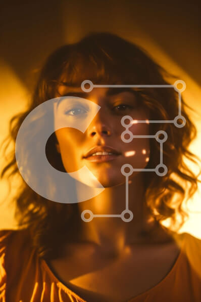 Intra Συλλεκτικό Ξύλινο Παζλ Plywood  4mm - Γαλήνια γυναίκα με μακριά κυματιστά μαλλιά και πορτοκαλί μπλούζα μπροστά στο έντονο φως Σε Ξύλινο Κουτί - Διαστάσεις Puzzle: 10x10 cm – 25 κομμάτια