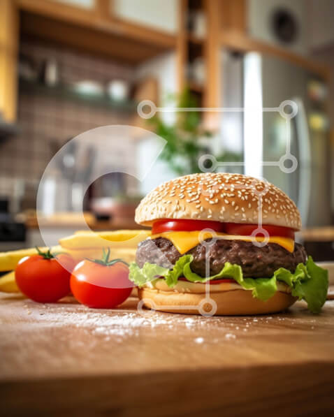 Σετ των 2 Intra Συλλεκτικό Ξύλινο Παζλ Plywood  4mm - Νόστιμο χάμπουργκερ με τυρί, μαρούλι και ντομάτα σε ξύλινο ξύλο κοπής Σε Ξύλινο Κουτί - Διαστάσεις: 10x10 cm – 25 κομμάτια