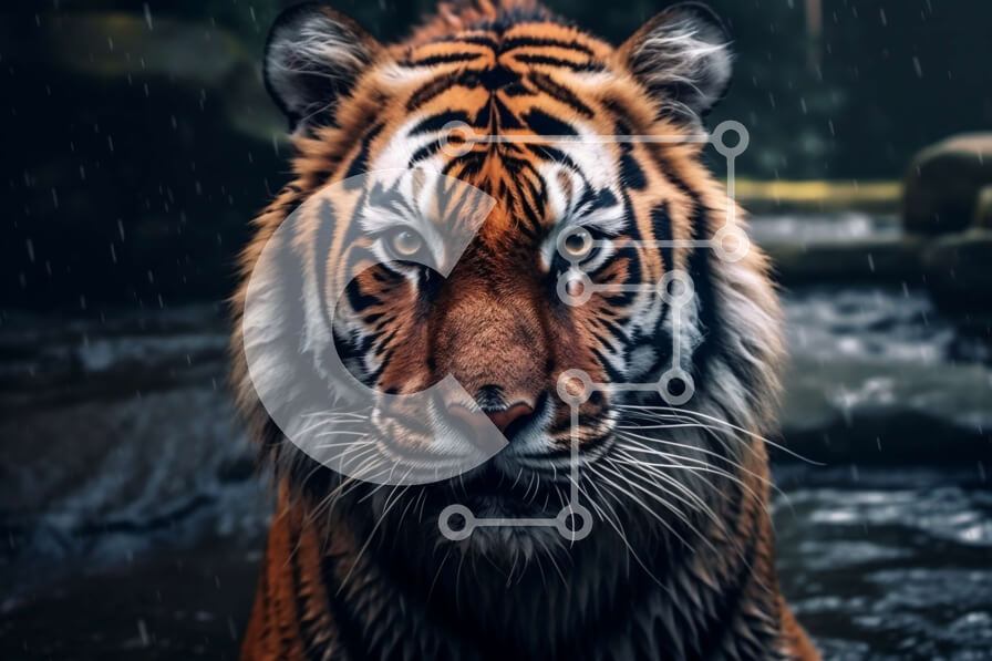 Σετ των 2 Intra Συλλεκτικό Ξύλινο Παζλ Plywood  4mm - Ισχυρή εικόνα μιας τίγρης που στέκεται στο νερό με έντονη έκφραση Σε Ξύλινο Κουτί - Διαστάσεις: 10x10 cm – 25 κομμάτια