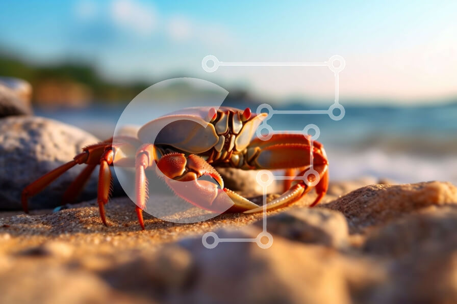 Intra Συλλεκτικό Ξύλινο Παζλ Plywood  4mm - Γραφική εικόνα ενός κόκκινου καβουριού σε μια αμμώδη παραλία με μπλε ουρανό και κύματα στο φόντο Σε Ξύλινο Κουτί - Διαστάσεις Puzzle: 10x10 cm – 25 κομμάτια