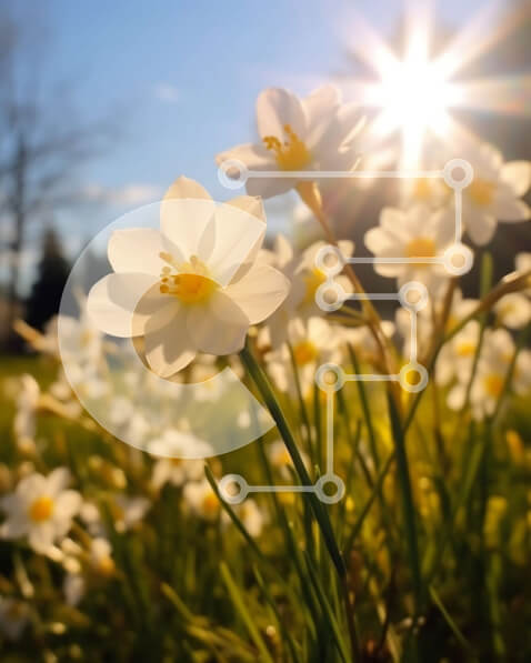 Intra Συλλεκτικό Ξύλινο Παζλ Plywood  4mm - Όμορφο χωράφι με νάρκισσους με ηλιοφάνεια Σε Ξύλινο Κουτί - Διαστάσεις: 10x10 cm – 25 κομμάτια