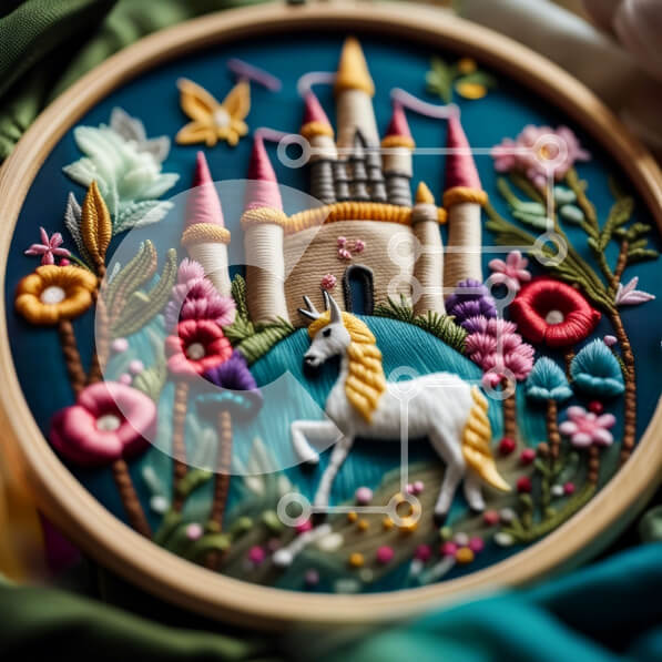 Intra Συλλεκτικό Ξύλινο Παζλ Plywood  4mm - Κεντημένο Κάστρο με Μονόκερο και Floral σχέδιο Σε Ξύλινο Κουτί - Διαστάσεις Puzzle: 10x10 cm – 25 κομμάτια