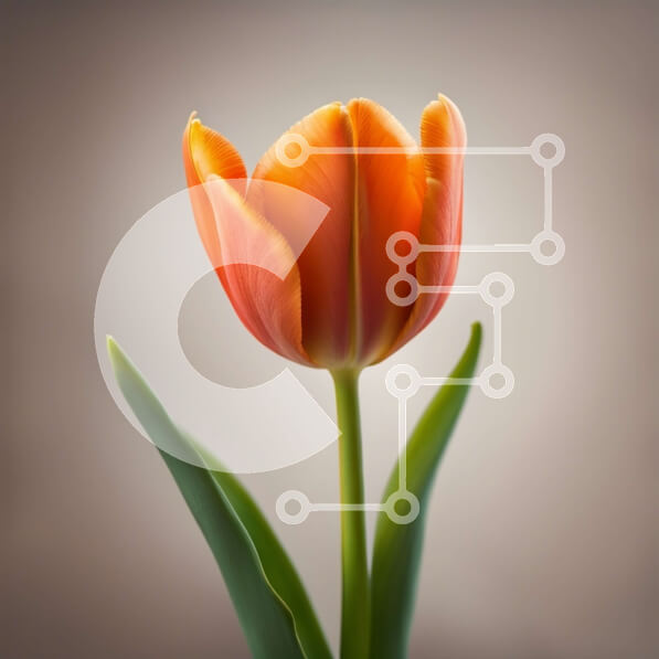 Intra Συλλεκτικό Ξύλινο Παζλ Plywood  4mm - Ζωντανό πορτοκαλί λουλούδι τουλίπας με πράσινα φύλλα σε κυκλοθυμικό γκρι φόντο Σε Ξύλινο Κουτί - Διαστάσεις: 10x10 cm – 25 κομμάτια