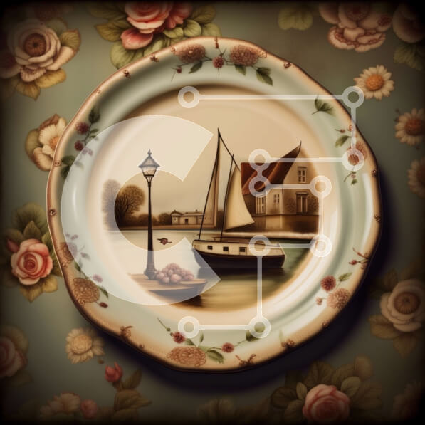 Intra Συλλεκτικό Ξύλινο Παζλ Plywood  4mm - Όμορφο πιάτο με ζωγραφική με ιστιοπλοϊκό και βεράντα με λουλούδια Σε Ξύλινο Κουτί - Διαστάσεις: 10x10 cm – 25 κομμάτια