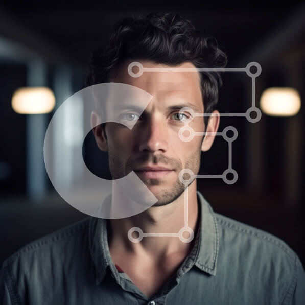 Intra Συλλεκτικό Ξύλινο Παζλ Plywood  4mm - Σοβαρός άνδρας με γκρι πουκάμισο που στέκεται σε δωμάτιο με χαμηλό φωτισμό Σε Ξύλινο Κουτί - Διαστάσεις Puzzle: 10x10 cm – 25 κομμάτια