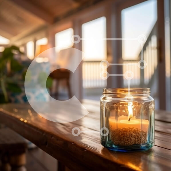 Intra Συλλεκτικό Ξύλινο Παζλ Plywood  4mm - Όμορφη θέα στο ηλιοβασίλεμα από ένα άνετο εσωτερικό με κερί σε γυάλινο βάζο Σε Ξύλινο Κουτί - Διαστάσεις Puzzle: 10x10 cm – 25 κομμάτια