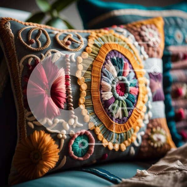 Intra Συλλεκτικό Ξύλινο Παζλ Plywood  4mm - Όμορφο κεντημένο μαξιλάρι με λουλουδάτα μοτίβα σε μπλε καναπέ Σε Ξύλινο Κουτί - Διαστάσεις Puzzle: 10x10 cm – 25 κομμάτια