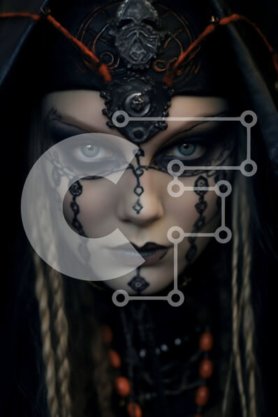 Intra Συλλεκτικό Ξύλινο Παζλ Plywood  4mm - Εκπληκτικό ασπρόμαυρο σχέδιο μακιγιάζ σε μια γυναίκα με κέρατα σε μαύρη ρόμπα και κόμμωση Σε Ξύλινο Κουτί - Διαστάσεις Puzzle: 10x10 cm – 25 κομμάτια