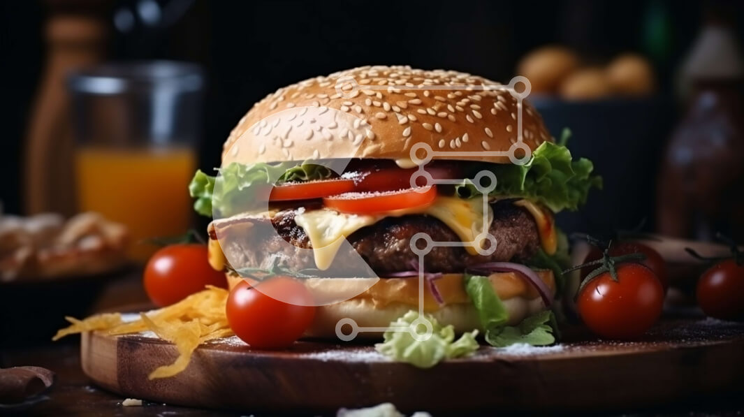 Σετ των 2 Intra Συλλεκτικό Ξύλινο Παζλ Plywood  4mm - Εκπληκτική εικόνα ενός Cheeseburger με μαρούλι, ντομάτα και κέτσαπ σε μια ξύλινη σανίδα με τηγανιτές πατάτες Σε Ξύλινο Κουτί - Διαστάσεις: 10x10 cm – 25 κομμάτια