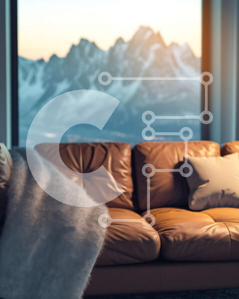 Intra Συλλεκτικό Ξύλινο Παζλ Plywood  4mm - Άνετο σαλόνι με θέα στο βουνό και καφέ δερμάτινο καναπέ Σε Ξύλινο Κουτί - Διαστάσεις Puzzle: 10x10 cm – 25 κομμάτια