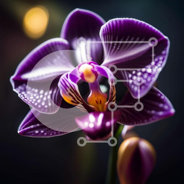 Intra Συλλεκτικό Ξύλινο Παζλ Plywood  4mm - Δραματικό μωβ λουλούδι ορχιδέας με σταγονίδια δροσιάς σε μαύρο φόντο Σε Ξύλινο Κουτί - Διαστάσεις: 10x10 cm – 25 κομμάτια