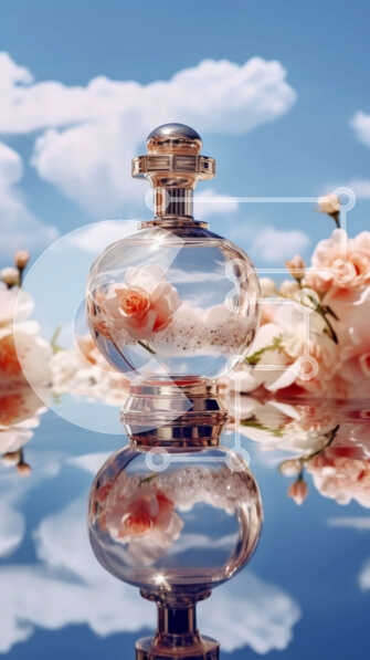 Intra Συλλεκτικό Ξύλινο Παζλ Plywood  4mm - Μπουκάλι αρώματος με ροζ τριαντάφυλλα σε ανακλαστική επιφάνεια και φόντο μπλε του ουρανού Σε Ξύλινο Κουτί - Διαστάσεις Puzzle: 10x10 cm – 25 κομμάτια