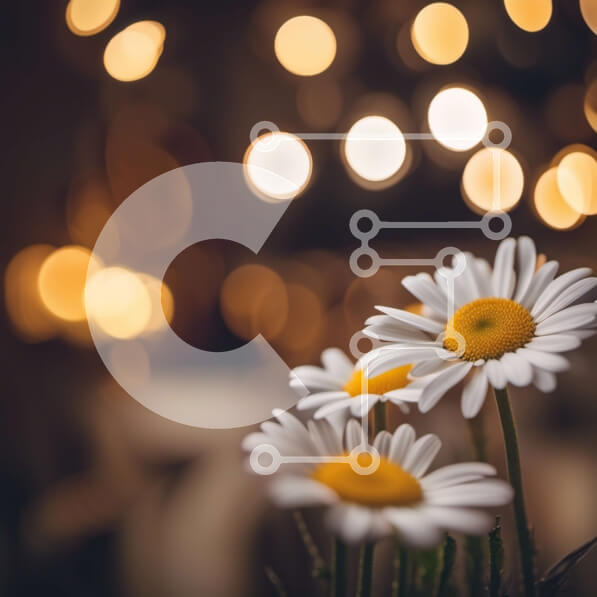 Intra Συλλεκτικό Ξύλινο Παζλ Plywood  4mm - Όμορφη κοντινή λήψη με μαργαρίτες σε τραπέζι με φώτα Bokeh Σε Ξύλινο Κουτί - Διαστάσεις: 10x10 cm – 25 κομμάτια