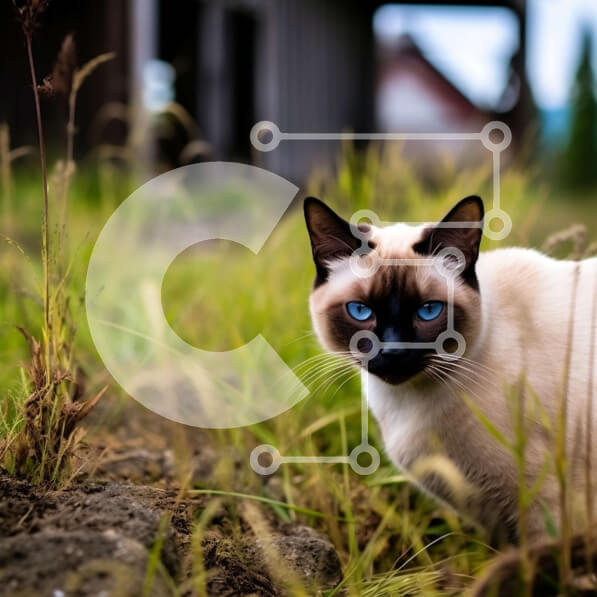 Intra Συλλεκτικό Ξύλινο Παζλ Plywood  4mm - Αξιολάτρευτη σιαμαία γάτα με μπλε μάτια σε ένα χωράφι με ψηλό γρασίδι Σε Ξύλινο Κουτί - Διαστάσεις: 10x10 cm – 25 κομμάτια