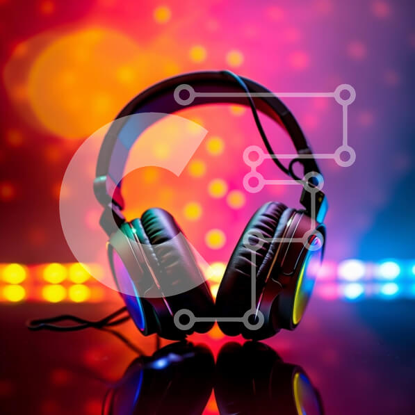 Intra Συλλεκτικό Ξύλινο Παζλ Plywood  4mm - Ζευγάρι πολύχρωμα ακουστικά με έντονα φώτα στο φόντο Σε Ξύλινο Κουτί - Διαστάσεις Puzzle: 10x10 cm – 25 κομμάτια