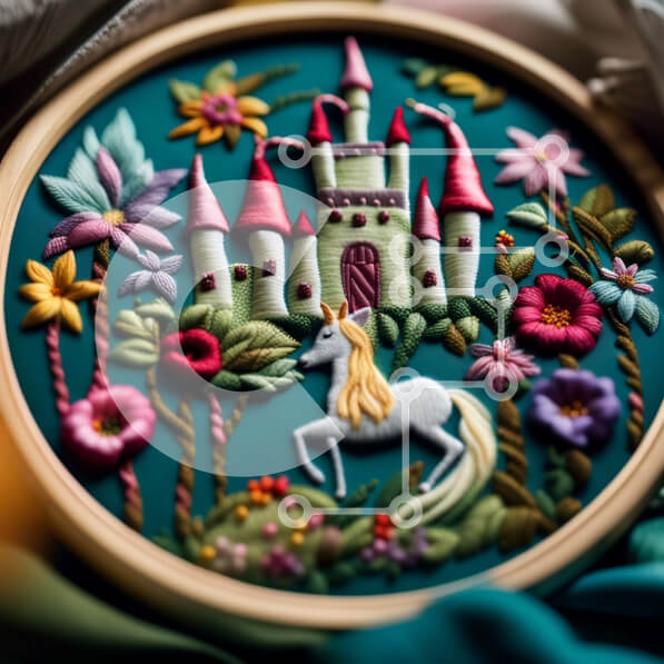 Intra Συλλεκτικό Ξύλινο Παζλ Plywood  4mm - Έργα τέχνης Κεντημένο Κάστρο και Μονόκερος Σε Ξύλινο Κουτί - Διαστάσεις Puzzle: 10x10 cm – 25 κομμάτια