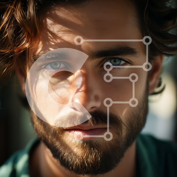 Intra Συλλεκτικό Ξύλινο Παζλ Plywood  4mm - Εκπληκτικό πορτρέτο ενός άνδρα με μακριά κυματιστά μαλλιά και διαπεραστικά μπλε μάτια Σε Ξύλινο Κουτί - Διαστάσεις Puzzle: 10x10 cm – 25 κομμάτια