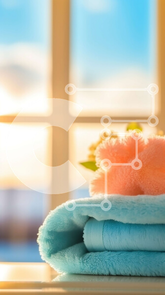 Intra Συλλεκτικό Ξύλινο Παζλ Plywood  4mm - Καλά διπλωμένες μπλε και ροζ πετσέτες σε ένα ηλιόλουστο περβάζι Σε Ξύλινο Κουτί - Διαστάσεις Puzzle: 10x10 cm – 25 κομμάτια