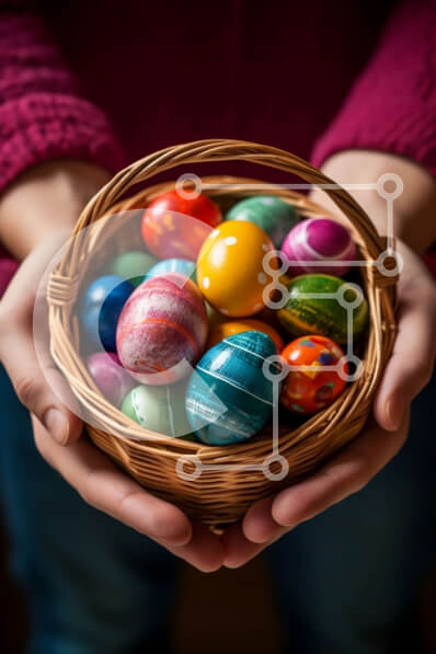 Intra Συλλεκτικό Ξύλινο Παζλ Plywood  4mm - Πολύχρωμα Πασχαλινά αυγά σε ένα καλάθι που κρατά μια γυναίκα Σε Ξύλινο Κουτί - Διαστάσεις: 10x10 cm – 25 κομμάτια