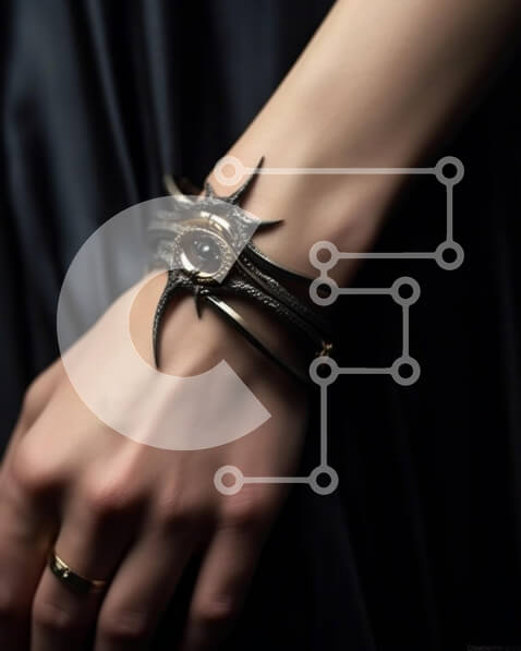 Intra Συλλεκτικό Ξύλινο Παζλ Plywood  4mm - Κοντινή εικόνα του γυναικείου χεριού που φορά ένα βραχιόλι με κρανίο και χιαστί Σε Ξύλινο Κουτί - Διαστάσεις Puzzle: 10x10 cm – 25 κομμάτια