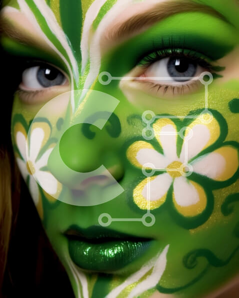 Intra Συλλεκτικό Ξύλινο Παζλ Plywood  4mm - Όμορφη γυναίκα με πράσινη και λευκή μπογιά προσώπου και πράσινο λουλουδάτο φόρεμα Σε Ξύλινο Κουτί - Διαστάσεις Puzzle: 10x10 cm – 25 κομμάτια