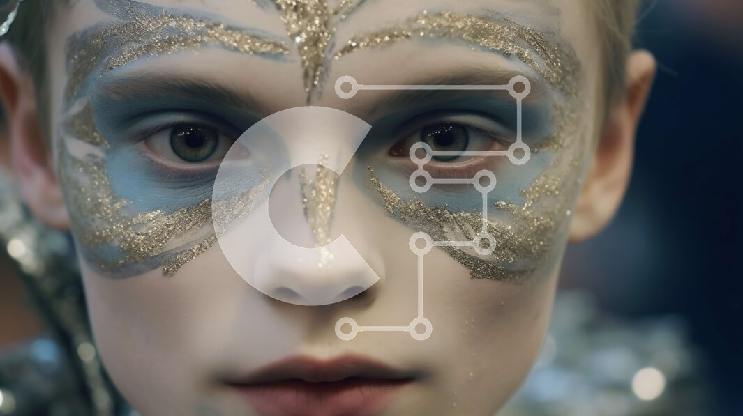 Intra Συλλεκτικό Ξύλινο Παζλ Plywood  4mm - Σοβαρή γυναίκα με μπλε και χρυσό χρώμα προσώπου και λευκό φόρεμα Σε Ξύλινο Κουτί - Διαστάσεις Puzzle: 10x10 cm – 25 κομμάτια