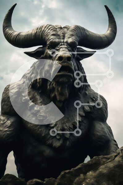 Intra Συλλεκτικό Ξύλινο Παζλ Plywood  4mm - Παλιό, ξεπερασμένο άγαλμα ταύρου σε μια βραχώδη εξοχή με θέα στο νερό Σε Ξύλινο Κουτί - Διαστάσεις Puzzle: 10x10 cm – 25 κομμάτια