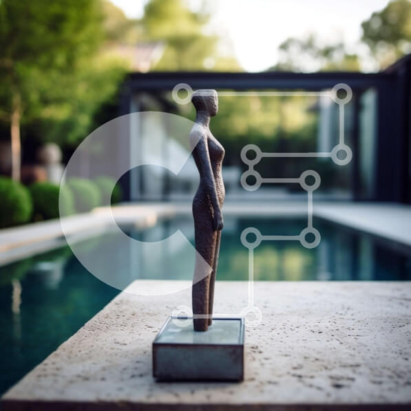 Intra Συλλεκτικό Ξύλινο Παζλ Plywood  4mm - Όμορφο χάλκινο άγαλμα γυναίκας δίπλα στην πισίνα σε μια καθαρή μέρα Σε Ξύλινο Κουτί - Διαστάσεις Puzzle: 10x10 cm – 25 κομμάτια