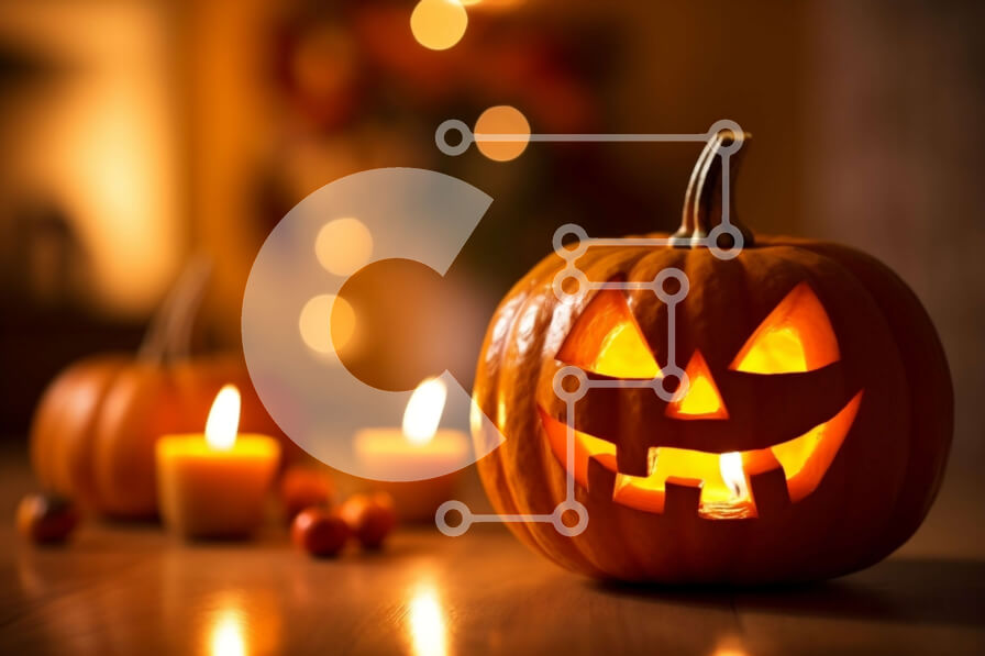 Intra Συλλεκτικό Ξύλινο Παζλ Plywood  4mm - Τρομακτικό ντεκόρ Halloween: Jack-O-Lantern κολοκύθα με αναμμένο κερί σε ξύλινο τραπέζι Σε Ξύλινο Κουτί - Διαστάσεις: 10x10 cm – 25 κομμάτια