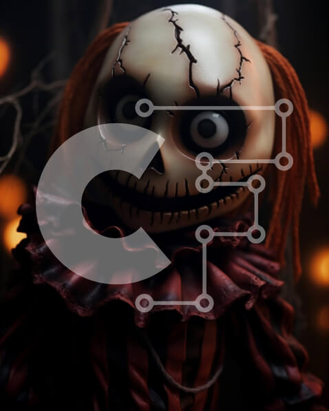 Intra Συλλεκτικό Ξύλινο Παζλ Plywood  4mm - Τρομακτική κούκλα αποκριών με κόκκινα μαλλιά και μεγάλα μάτια Σε Ξύλινο Κουτί - Διαστάσεις Puzzle: 10x10 cm – 25 κομμάτια