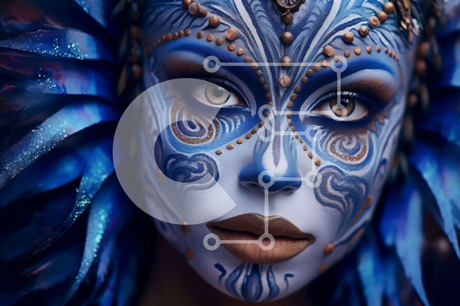 Intra Συλλεκτικό Ξύλινο Παζλ Plywood  4mm - Εκπληκτικό πορτρέτο μιας γυναίκας με μπλε χρώμα προσώπου και φτερά στα μαλλιά της Σε Ξύλινο Κουτί - Διαστάσεις Puzzle: 10x10 cm – 25 κομμάτια