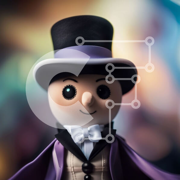 Intra Συλλεκτικό Ξύλινο Παζλ Plywood  4mm - Κομψό πορτρέτο ενός άνδρα με καπέλο και ουρές με μωβ κάπα και μπαστούνι Σε Ξύλινο Κουτί - Διαστάσεις Puzzle: 10x10 cm – 25 κομμάτια