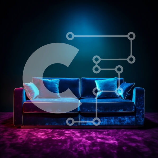 Intra Συλλεκτικό Ξύλινο Παζλ Plywood  4mm - Κομψός μπλε καναπές σε ένα σκοτεινό δωμάτιο με μωβ φωτισμό Σε Ξύλινο Κουτί - Διαστάσεις Puzzle: 10x10 cm – 25 κομμάτια