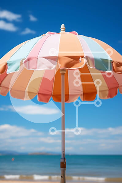 Σετ των 2 Intra Συλλεκτικό Ξύλινο Παζλ Plywood  4mm - Όμορφη εικόνα της πολύχρωμης ριγέ ομπρέλας στην αμμώδη παραλία Σε Ξύλινο Κουτί - Διαστάσεις: 10x10 cm – 25 κομμάτια